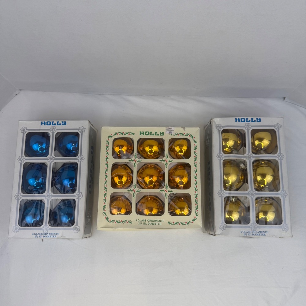 Vintage Holly American Made‎ Glass Christmas Ornaments Blue Gold Lot of 21 258/6